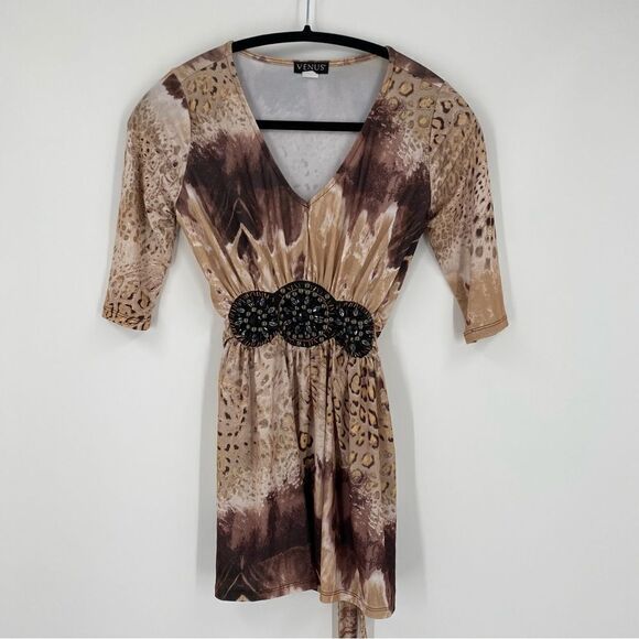 Venus Women’s V Neck Animal Print Elbow Sleeve Tunic Blouse size XS Tie Waist - Picture 1 of 3